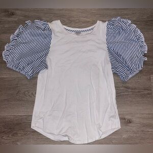 Habitual White Top with Blue Striped Puff Sleeves